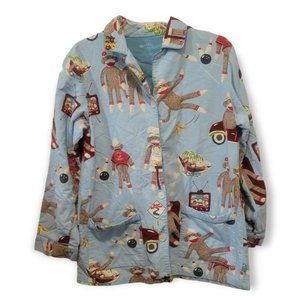 Nick & Nora Women's Small Flannel Pajama Top Shirt Sock Monkeys Bowling TV Blue